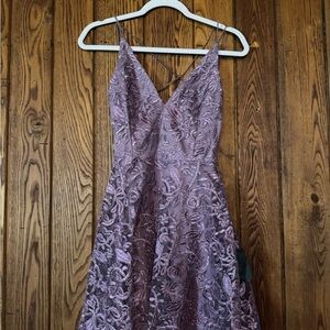 Lulu's Dusty Lavender Lace Spaghetti Strap Prom Dress